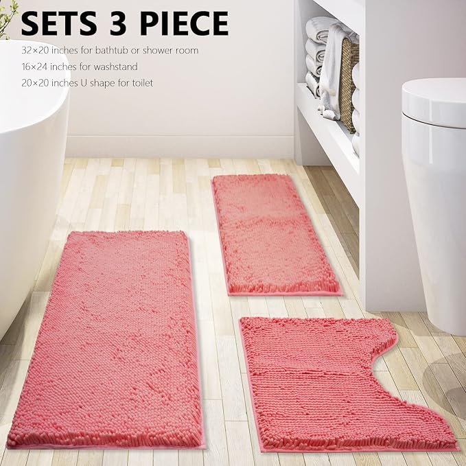Bathroom Rugs Chenille 3-Piece Extra Soft and Absorbent Shag Bathroom Rugs, Machine Wash Mat, Strong PVC Non-Slip Underside, Plush Carpet Mats (Pink)
