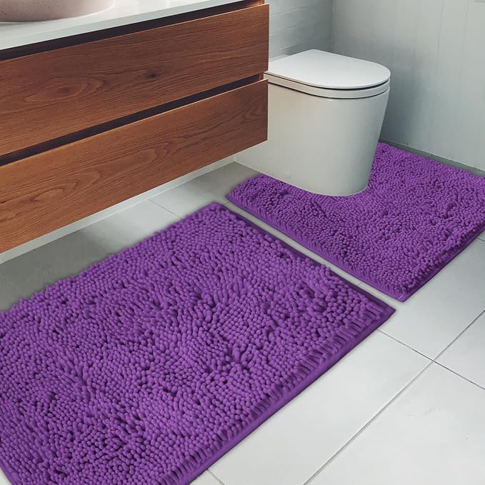 Bathroom Rugs Chenille Bath mat 2 Piece Set, Super Absorbent, Strong PVC Non Slip Backing, Bath mats for Bathroom, Plush Shaggy, Thick, Machine Washable, Bathtub, Shower, Toilet.(Violet)