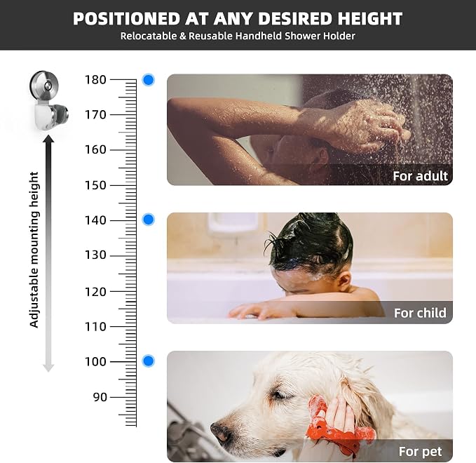 YOHOM Shower Head Holder Suction Cup Handheld Shower Bracket Adjustable Vacuum Shower Wand Hose Holder for Sprayer Nozzle Removable Bathroom Shower Accessory Clip Wall Mount Stainless Steel Brushed
