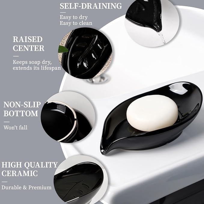 Soap Dish, Self Draining Soap Holder, Leaf Shape Ceramic Bar Soap Holder Drain Soap Dishes for Bathroom Sink Kitchen, Easy to Clean, Keeps Soap Dry, Black, ANTIS'S HOME