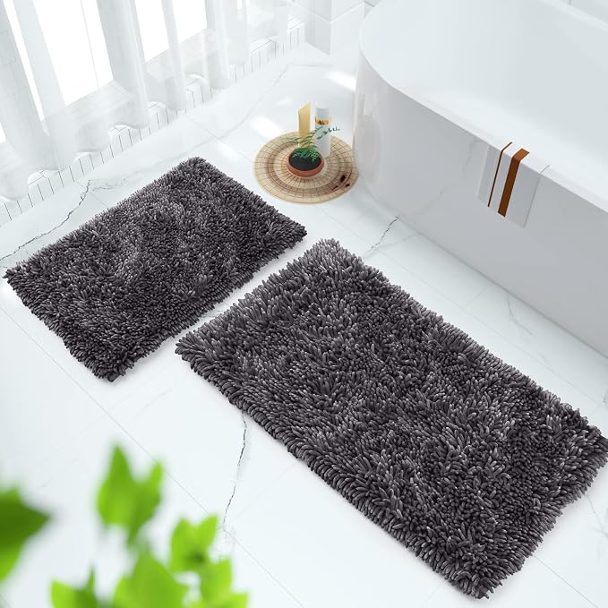 Yimobra Bathroom Rug Set 2 Piece, Luxury Shaggy Bath Mat Set with Non Slip Backing, Ultra Soft & Absorbent Mats for Bathroom Floor, Machine Washable, 44"x24"+24"x17", Dark Grey