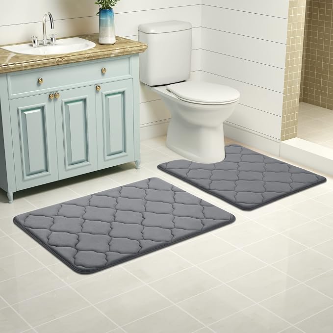 OLANLY Memory Foam Toilet Rugs U-Shaped 24x20, Soft Bath Mat, Dark Grey | Thick Absorbent Carpet, Non-Slip Backing, Machine Washable, for Bathroom Floor, Tub, Shower and Home Decor Accessories
