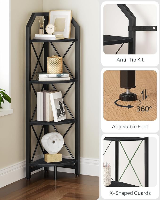 CHOEZON 4-Tier Corner Shelf, Industrial Corner Bookshelf, 47.6" Corner Storage Stand, Plant Stand Display Shelf, Corner Bookcase for Bedroom, Living Room, Home Office, Black TCJ09BB