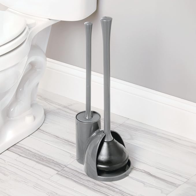 iDesign Compact Toilet Brush and Plunger Set, Gray | Bathroom Cleaning, Storage