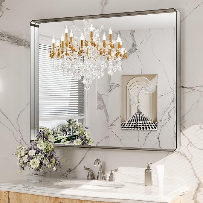 LOAAO 40X36 Inch Brushed Nickel Bathroom Mirror | Rounded Rectangle, Silver Metal Frame, Anti-Rust, Tempered Glass, Hangs Horizontally or Vertically