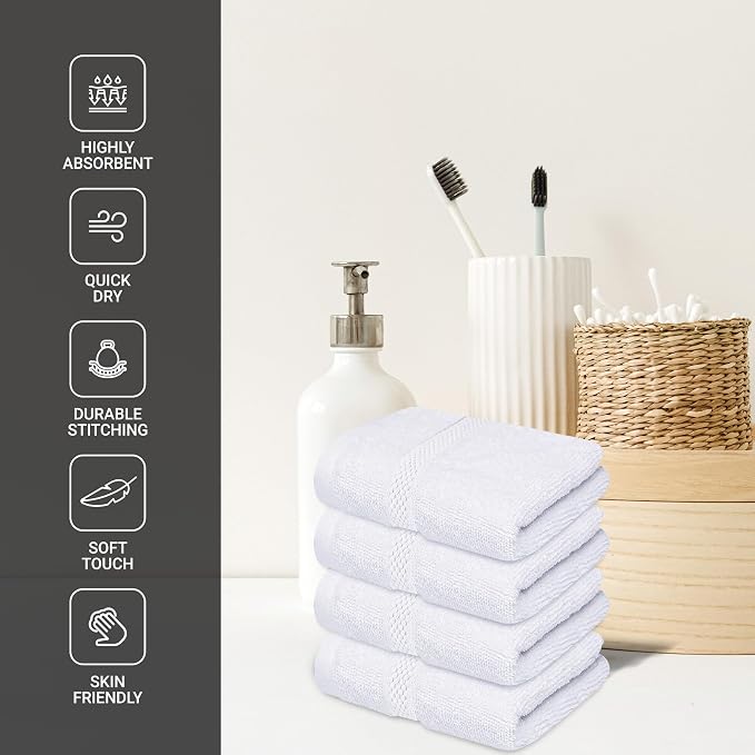 Infinitee Xclusives 100% Cotton Luxury Wash Cloths for Showering - 4 Pack | Washcloths [13x13] - Soft and Absorbent Face Towels for Bathroom Wash Clothes - Gym, Spa & Hotel Use