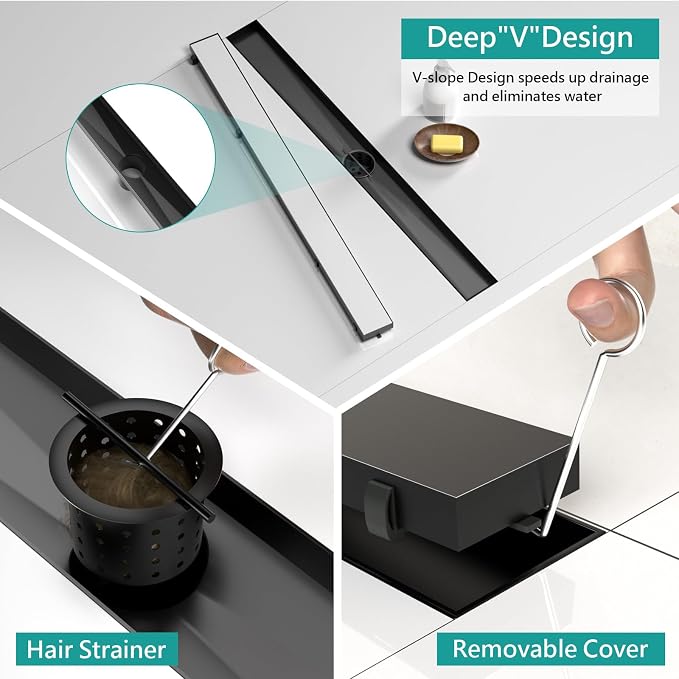 BARONAGE 28 Inch Linear Shower Drain, Rectangle Shower Floor Drain with 2-in-1 Flat & Tile Insert Cover, 304 Stainless Steel Bathroom Drains with Hair Catcher and Leveling Feet (Matte Black)