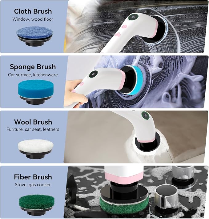 Electric Bathroom Cleaning Brush Cordless Shower Scrubber SD-CTB01 | Spin Scrubber Full Body Waterproof IPX7 with Adjustable Handle, 8 Replaceable Brush Heads for Bathtub/Kitchen/Window/Home