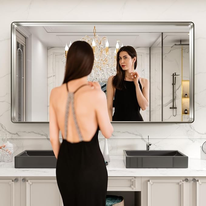 LOAAO Brushed Nickel Bathroom Mirror 77X36 Inch | Rounded Rectangle, Silver Metal Frame, Anti-Rust, Hangs Horizontally or Vertically, Tempered Glass