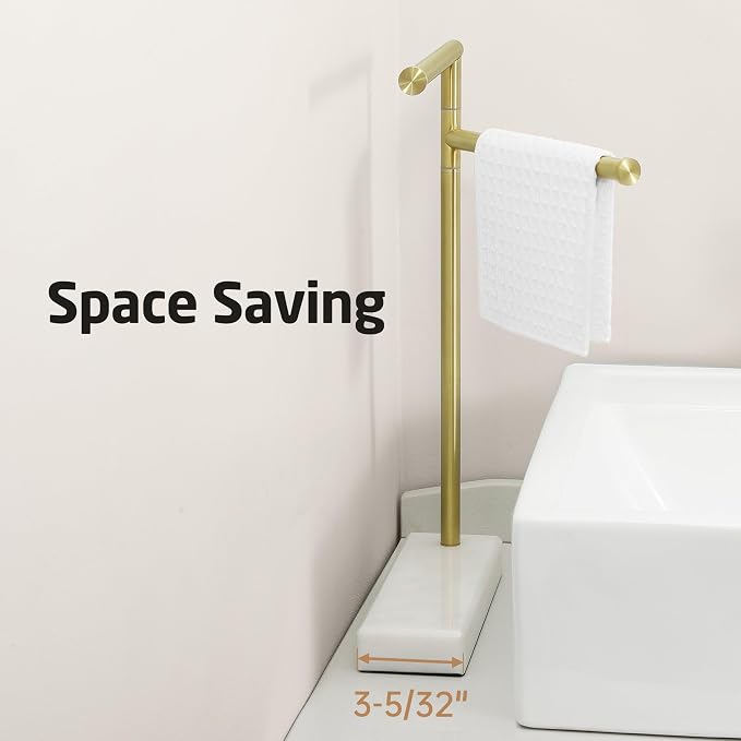 KES Gold Hand Towel Holder Stand for Bathroom, Countertop Towel Stand with Weighted Marble Base, 17.3" Standing Swivel Towel Rack Adjustable 2 Arms, 18/8 Stainless Steel, Brushed Gold, BTH233A-BZ