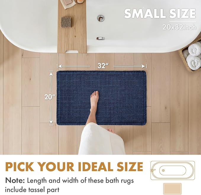 MIULEE Set of 2 Waffle Bathroom Rugs Boho Bath Mat Navy Blue 20x32 Inch | Non Slip, Super Absorbent, Washable, Ultra Soft, Rubber Backed Bath Rugs for Bathroom Floor Tub Shower