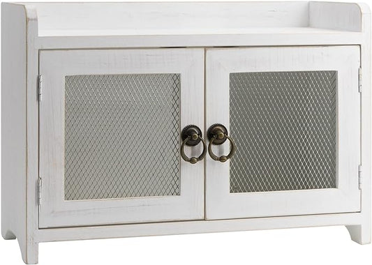 COLLECTIVE HOME - Storage Cabinet, Mini Countertop Cabinet, Wood Organizer for Kitchen Living Room Bedroom Bathroom Office with Magnetic Door, 14.5 x 6.5 x 10 (White, Wire Netting)