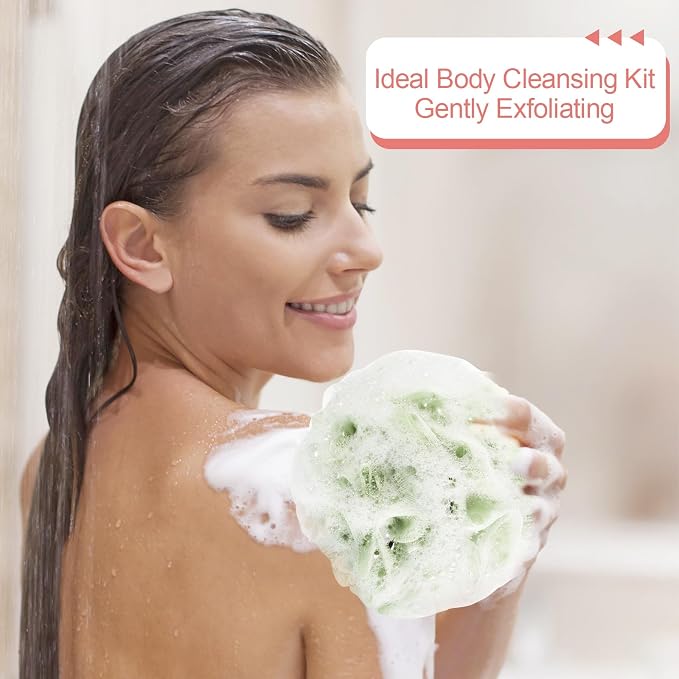 Loofah Sponge Pack of 8, Deep Cleansing Body Scrubber for Shower, Exfoliating Bath Sponge with Handle for Women and Men (001, 50g)