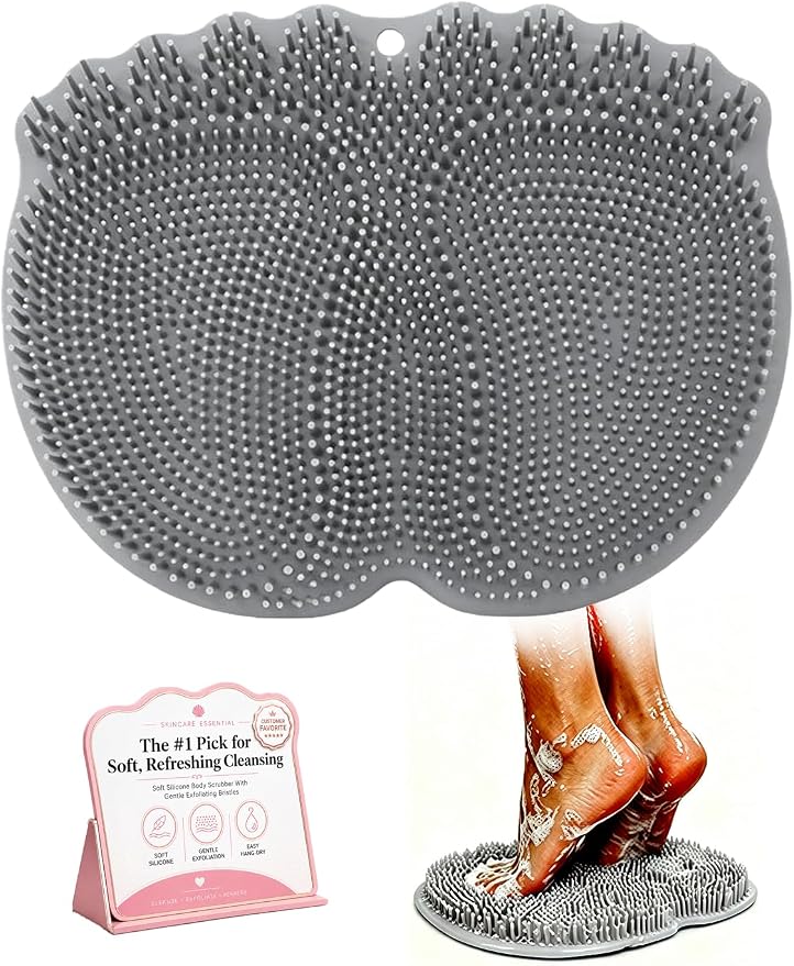 Foot Scrubber in Shower Mat Back Easy for Clean Feet Hands Free Washing Washer Silicone Wall Mounted Brush Accessories for Inside with Non- Slip Suction Cups Bathroom Pad (Gray)