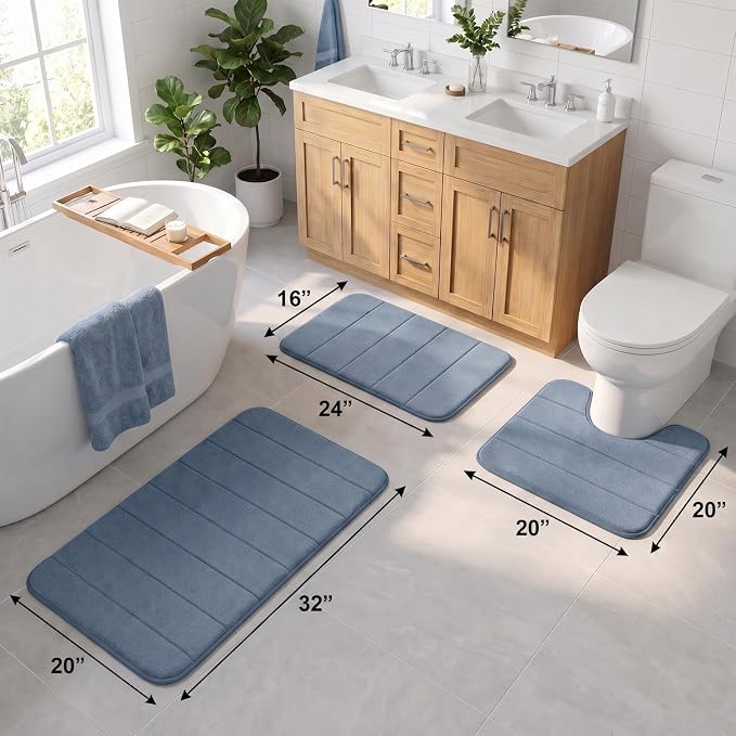 Bathroom Rugs Set 3 Piece, Memory Foam Bath Rugs, Non Slip Washable Bathroom Rug Set, Extra Soft Absorbent Bath Mats with U-Shaped Toilet Rug, Dusty Blue