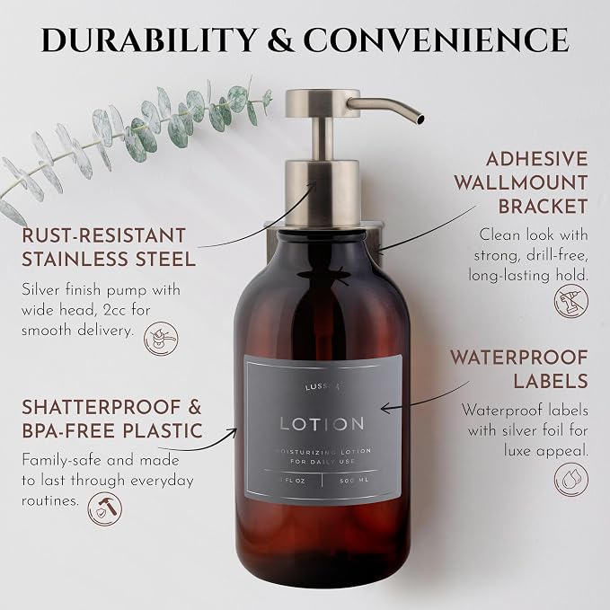 Shower Shampoo Dispenser Wall Mounted – 3 Refillable 16.9 oz Amber Bottles with Stainless Steel Pumps & No-Drill Adhesive Holders – Soap Dispenser Set for Bathroom (3 X Amber/Silver)