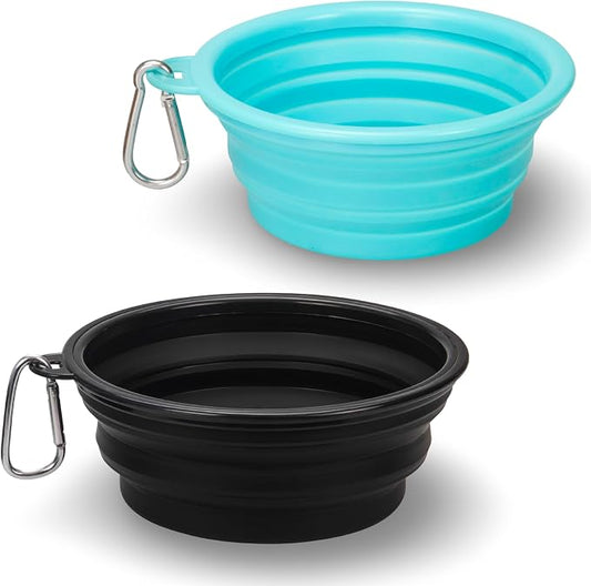 Portable Collapsible Dog Bowl for Water or Food Great Pet Travel Bowl in Multiple Sizes (Teal Black, Standard 12oz 2-Pack)
