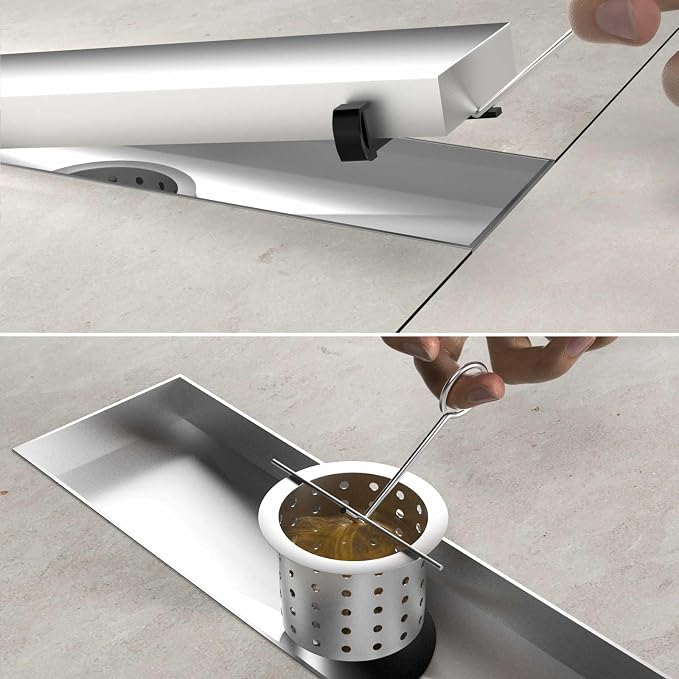 BARONAGE 12 Inch Linear Shower Drain Reversible Tile Insert, Brushed Nickel | 304 Stainless Steel Linear Drains, Rustproof, Hair Catcher, Rectangle Shower Floor Drain With Leveling Feet For Bathroom