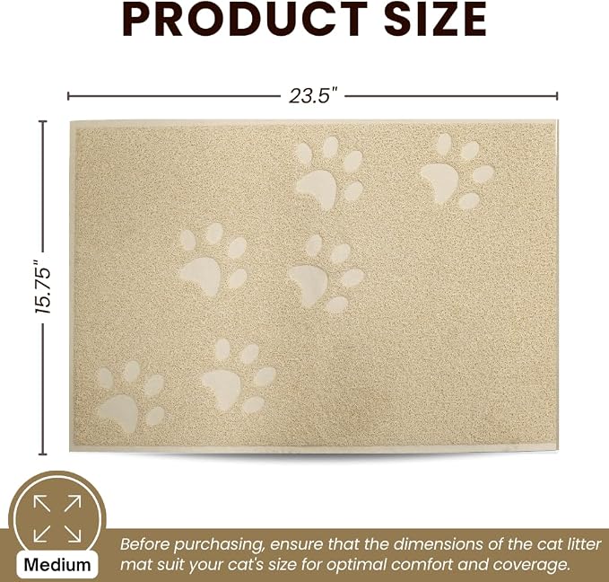 Andalus Medium Cat Litter Mat, Pack of 1 - Waterproof, Non-Slip & Easy to Clean Cat Litter Box Mat for Extra Efficient Pet Litter-Trapping, Beige (23.5” X 15.75”)
