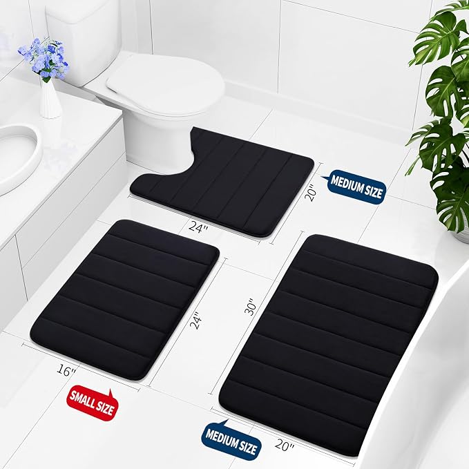 Buganda Memory Foam Bath Mat 24 x 16, Ultra Soft Absorbent Bathroom Rugs | Black, Machine Washable Quick Dry Bath Mats for Bathroom Floor, Shower and Tub, Home Decor Accessories