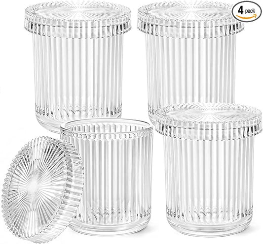 SheeChung Glass Qtip Holder Dispense, 4-Pack Apothecary Jars - Bathroom Accessories Organizer for Cotton Swabs, Balls, Pads Floss Picks -Bathroom Accessories Decor