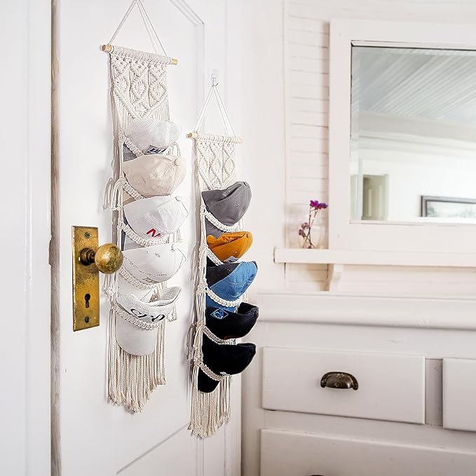 jontell Ball Cap Hanger-2 Pack-Boho Macrame Cap Holder Wall Hat Organizer for Baseball Cap Holder Over Door, Hat Rack for Wall, Cap Rack for Decoration and Display,