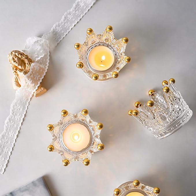 Vixdonos Crown Glass Tealight Candle Holder Set of 12 Votive Candle Holders for Wedding, Party and Home Decor (Gold Tips)