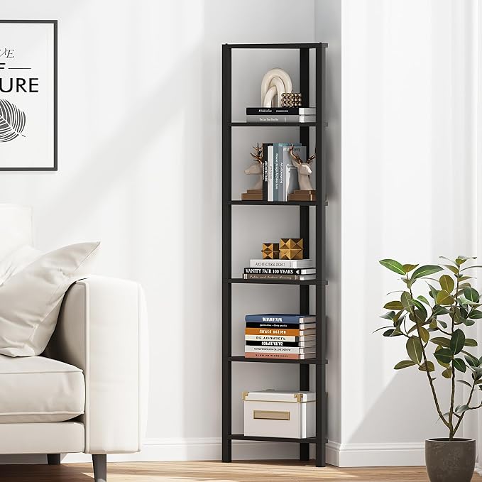 TUTOTAK Corner Shelf, 6-Tier Corner Bookshelf for Small Space, Narrow Display Corner Shelf Stand with Storage Rack, for Living Room, Bedroom, Black BS05BK006