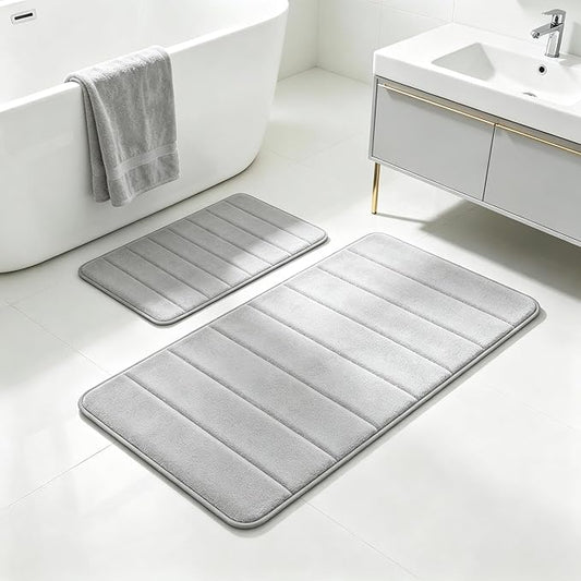 RUN HELIX Bathroom Rugs Set 2 Piece Memory Foam Bath Non-Slip Bath Mat,Washable Room Mats,Absorbent Shaggy Rugs Super Soft Kitchen Mats, Batroom Carpets for Bathroom,Tub,Shower Home Decor（Light Gray）