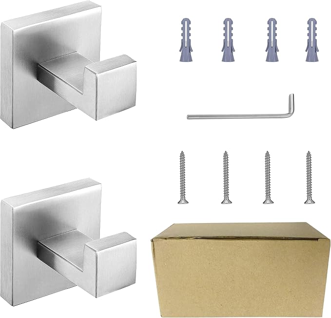Nolimas Towel Hook Stainless Steel Bathroom Rustproof Clothes Towel Coat Hook Wall Mounted Square Toilet Kitchen, Heavy Duty Door Hanger, 2 Pack, Brushed Nickel