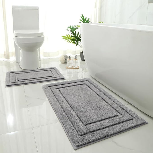 HOMEIDEAS Bathroom Rugs Sets 2 Piece, Super Soft Non Slip Bath Mat Grey | Ultra Absorbent, Microfiber Machine Washable Bath Rug Set, for Bathroom, Tub, Shower 20" x 32" + 16" x 24"