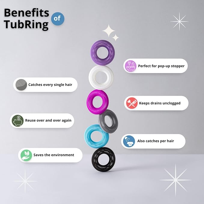 TubRing Pop-Up Drain Protector & Strainer Silicone Hair Catcher, Aqua | Easy snap-in design fits around bathtub stoppers. Customizable utility guard for clog prevention. Fits 1.85"- 2.16" drains.
