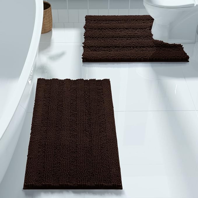 Yimobra U Shaped Toilet Rug Set, Absorbent Chenille, 32x20+24x20, Brown | Non Slip Machine Washable Quick Dry Bath Mat Set, Soft Plush Shower Rugs for Bathroom Floor Sink Tub and Shower Outside