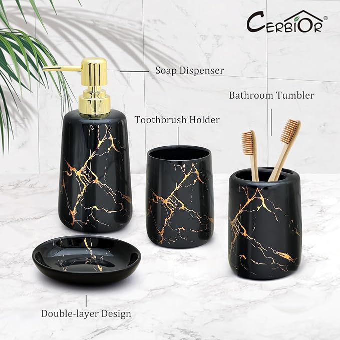 CERBIOR Bathroom Accessories Set,4 Pcs Ceramic Bathroom Accessory,Black | Includes Toothbrush Holder, Toothbrush Cup, Soap Dish for Decorative Countertop and Housewarming Gift