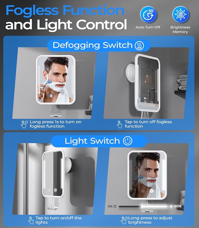 Gospire Heated Shower Mirror Fogless for Shaving with Light - White | 5000mAh Rechargeable Battery, Detachable Suction Cup & Razor Holder for Wall, NO-Drilling, Removable, Waterproof for Bathroom