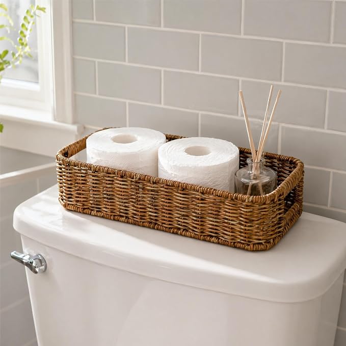 ZAVOOS Toilet Tank Basket, 2 Pack, Handwoven Built-in Handle | Rectangular Wicker Shelf Baskets for Organizing, Countertop Storage Bin for Bathroom Tank Top, Bedroom Closet