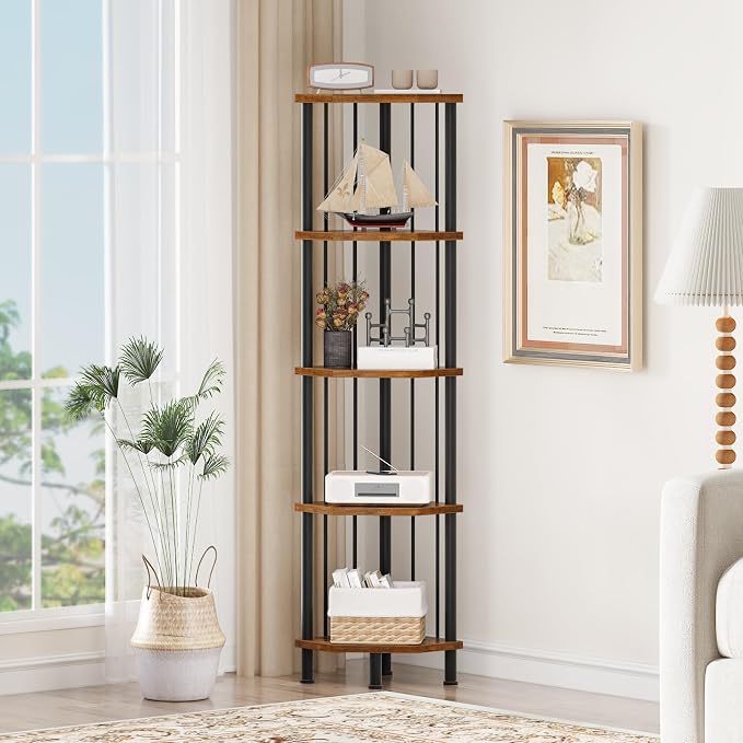 HOOBRO 5-Tier Corner Shelf Stand, Industrial 58.3" Corner Shelf, Corner Bookshelf Storage Stand, Tall Display Shelf Plant Stand for Small Space, Bathroom, Living Room Decor, Rustic Brown BF93CJ01