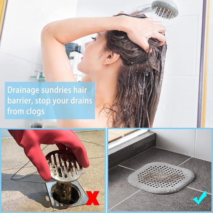 4 Pack Drain Hair Catcher Durable Silicone Hair Stopper Shower Drain Covers Easy to Install and Clean Suit for Bathroom Bathtub and Kitchen (Square Grey 4Pack)