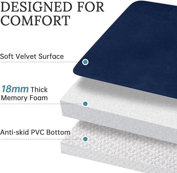 HUXMEYSON 3-Piece Memory Foam Bathroom Rug Set, Navy | Quick Dry Velvet Surface, Non-Slip & PVC Backing, Ultra Soft Bath Rugs for Bathroom, 17"x24"+20"x32"+U Shape 20"x24"