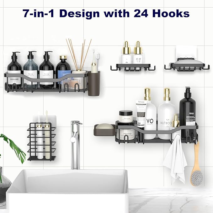 NESOMI 7-Pack Shower Caddy Adhesive,Stainless Steel Shower Organizer Shelf | Rustproof, with Soap Dish Toothbrush Holder, Large Capacity, No-Drill Rack Bathroom Storage Accessories, 24 Hooks, Home Decor