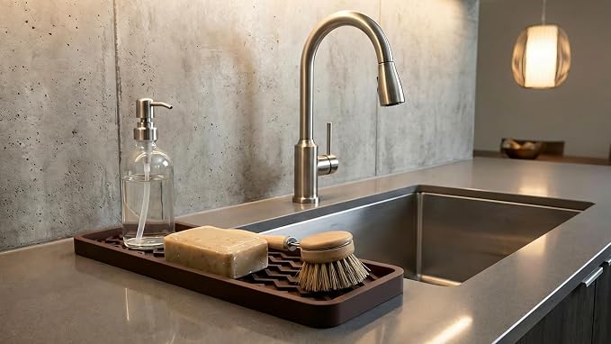 Silicone Sink Organizer Tray, Rectangular, Modern Style, Heat Safe, Dishwasher Safe, for Bathroom and Kitchen Organization (Mocha, 12"x4", Chevron Pattern)
