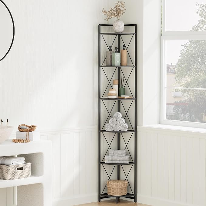 6 Tier Corner Shelf Stand, 78" H Tall Industrial Corner Bookshelf for Living Room Decor, Metal Corner Shelf, Plant Stand Display Shelf for Bedroom, Bathroom, Small Space, Black