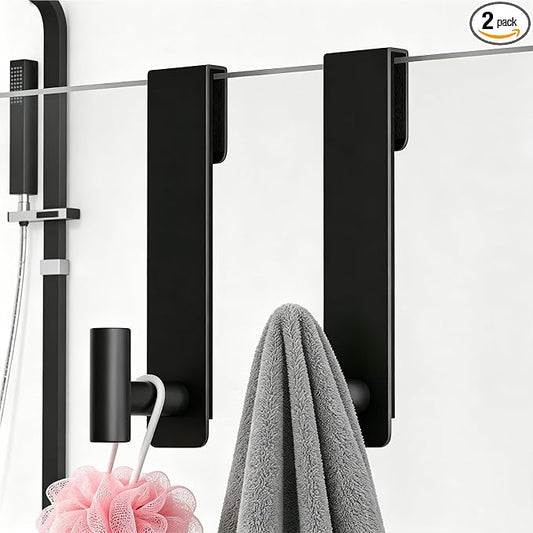 HUFEEOH Shower Towel Hooks, 7.5-Inch Extended Over Glass Shower Door Hanger for Towels & Robes, Rustproof Bathroom Towel Rack, 2-Pack (Black, T Shape)