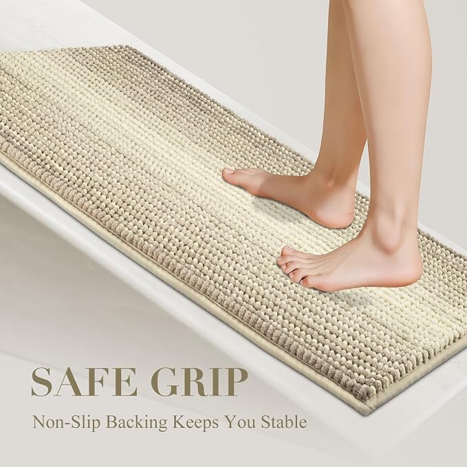 Bathroom Rugs, 17x24 Chenille Bath Mats, Sand | Extra Soft Absorbent, Non Slip Striped, Quick Dry Machine Washable, Shower Rug for Bathroom Bedroom Decor