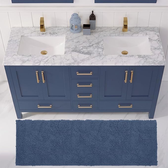 LuxUrux 2-Piece Bathroom Rug Set – Plush Chenille Runner & U-Shaped Toilet Mat, Soft, Absorbent & Non-Slip Design (20x20 U & 27x47 inches, Medium Blue)