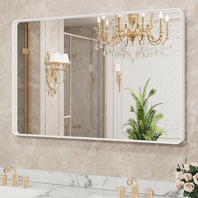 LOAAO 48x32 Inch White Metal Framed Bathroom Mirror | Rounded Rectangle Mirror, Anti-Rust, Tempered Glass, Hangs Horizontally or Vertically