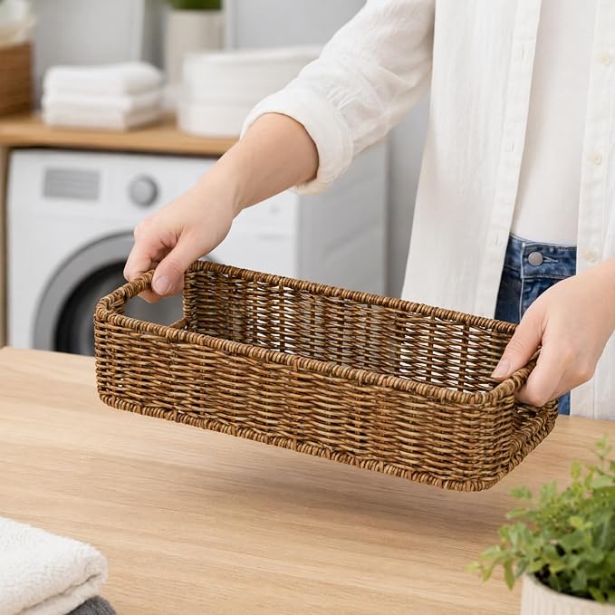 ZAVOOS Toilet Tank Basket, 2 Pack, Handwoven Built-in Handle | Rectangular Wicker Shelf Baskets for Organizing, Countertop Storage Bin for Bathroom Tank Top, Bedroom Closet