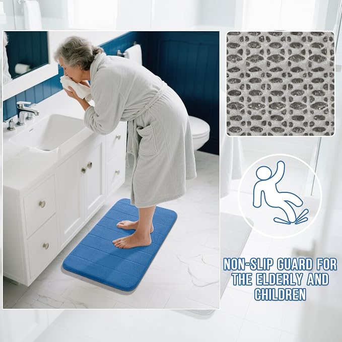 Yimobra Large Bath Mat 36"x24", Super Soft Quick Dry Memory Foam Bathroom Rug, Water Absorbent, Non Slip Backing Machine Washable for Tub Shower, Thick Comfort Support, Blue