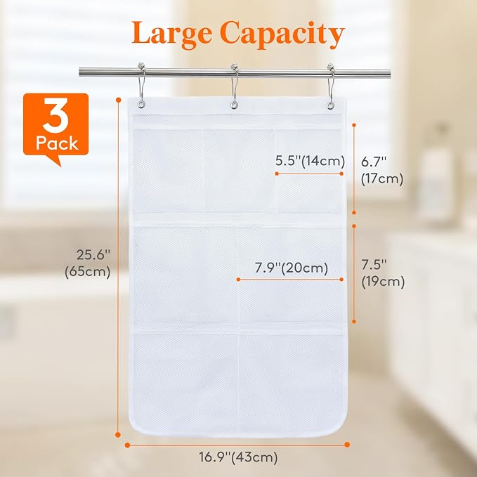Lifewit Mesh Shower Caddy, 7 Pockets Hanging Shower Organizer with Quick Drying Mesh, Portable Space Saving Bathroom Organizer to Hold Soap, Shampoo and Cruise Ship Essentials, White, Medium - 3 Pack | 17" x 25.6", Attached 9 Hooks, Quick-Dry, Portable...