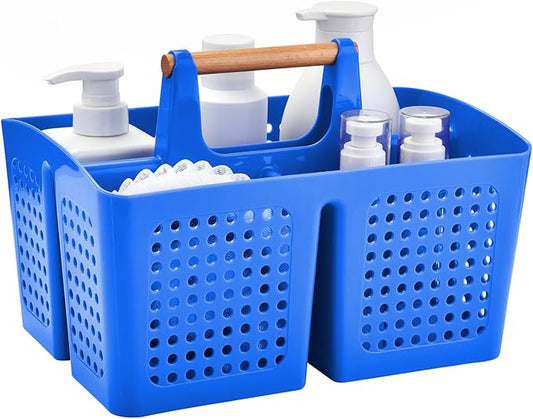 Portable Shower Caddy Basket with Wood Handle, 3-Compartment Bathroom Organizer Tote with Drain Holes, Plastic Shower Basket for Dorm, Toiletries, Cleaning Supplies, Deep Blue